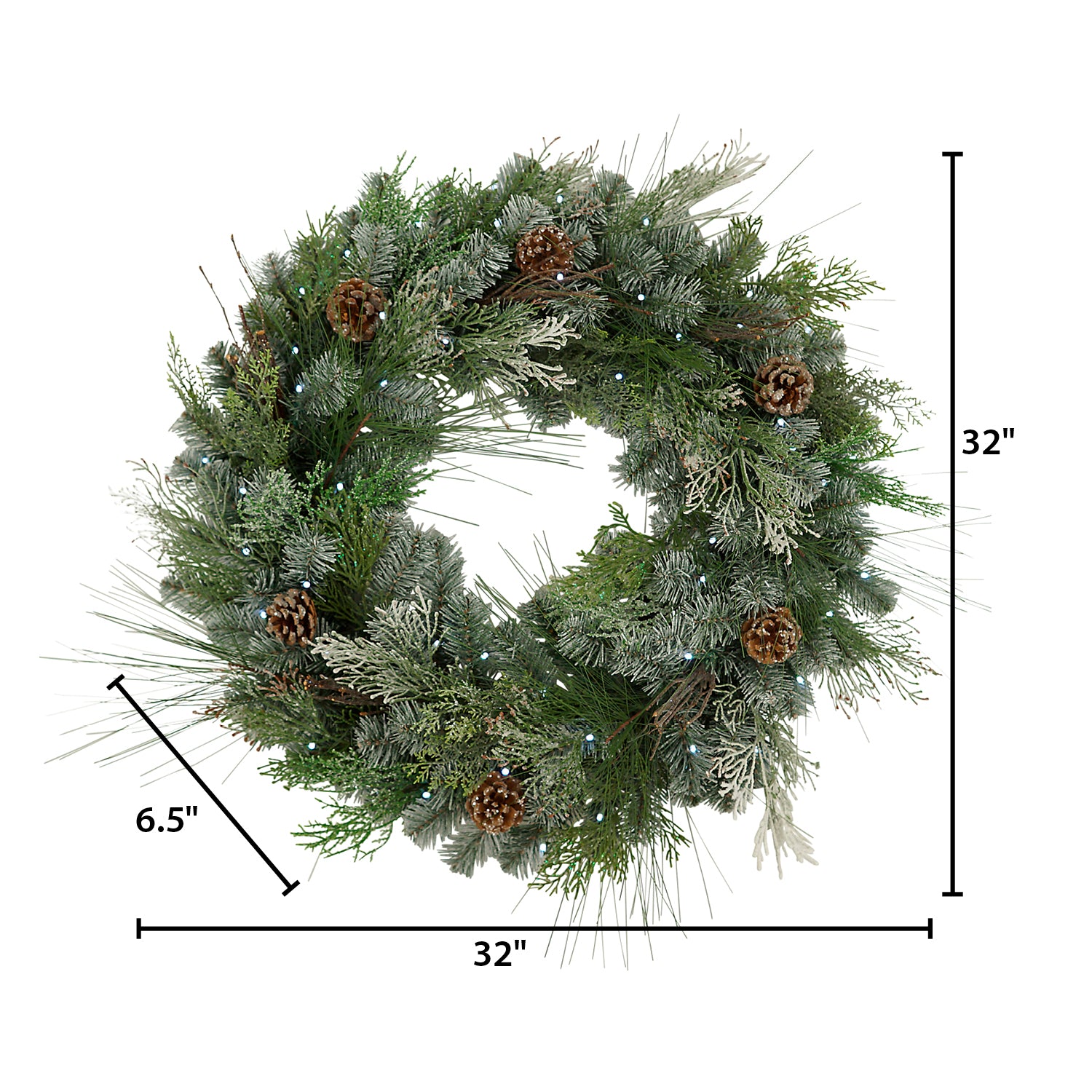 32"D Pre-Lit Snowy Mixed Pine Wreath withPine Cones, Twig & Cedar Accents. 50 Cool White LED Lights.